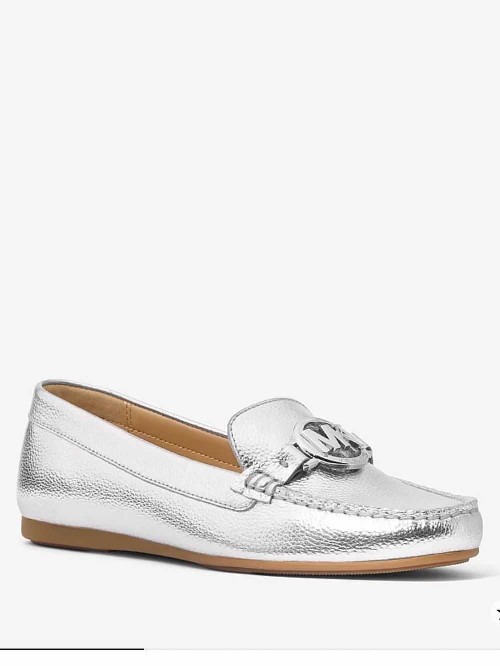 Michael Kors Silver Metallic Leather Logo Bit Loafer